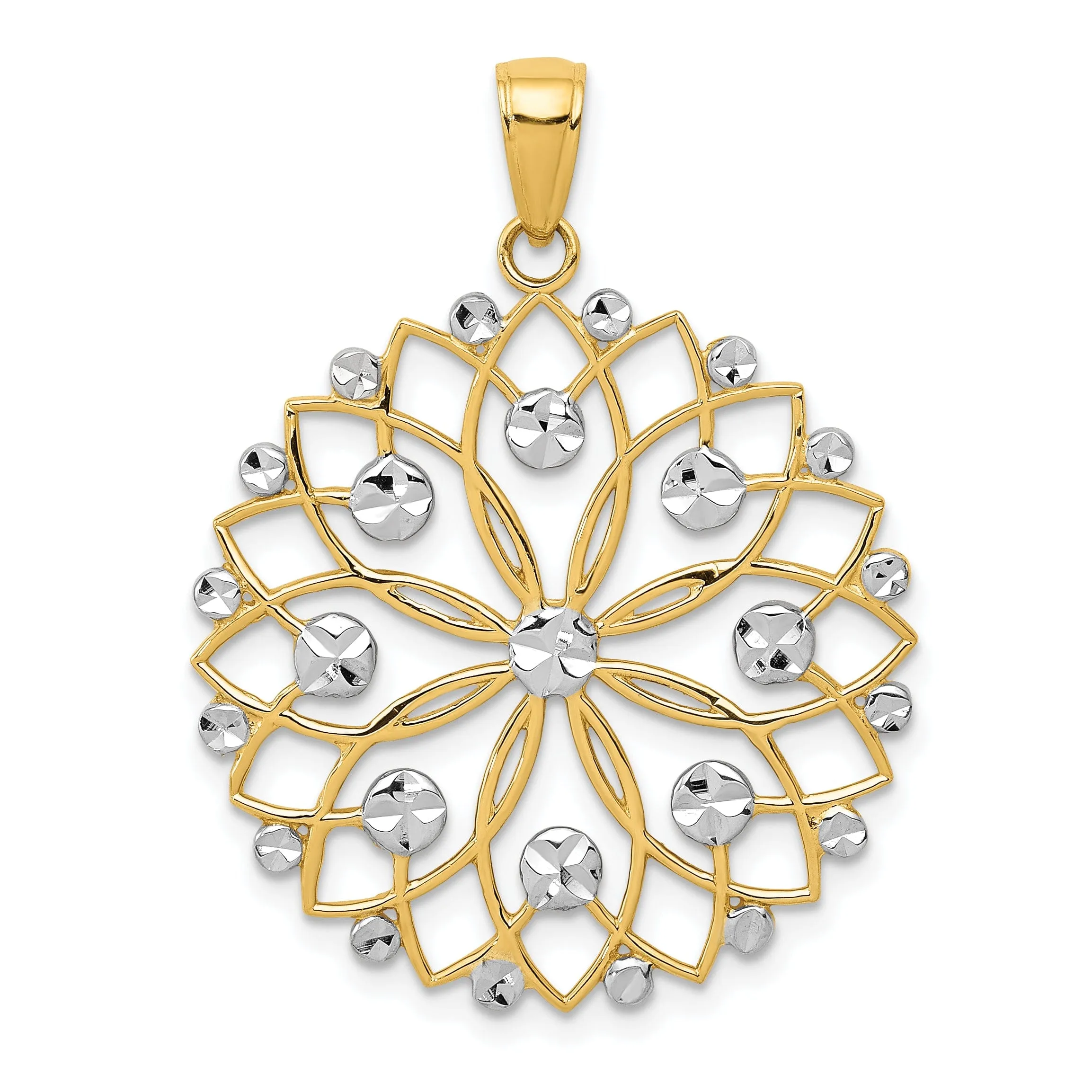 14k Two Tone Gold Diamond Cut Flower Pendant