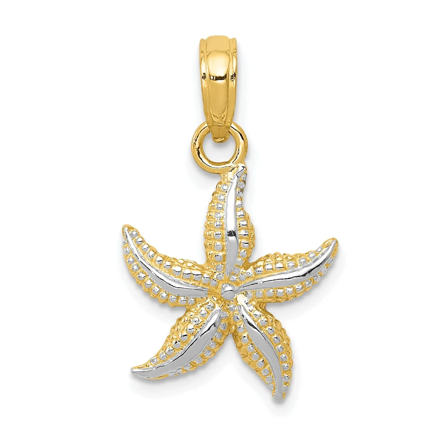 14K Yellow Gold, White Rhodium Solid Textured Polished Finish Starfish Charm Pendant