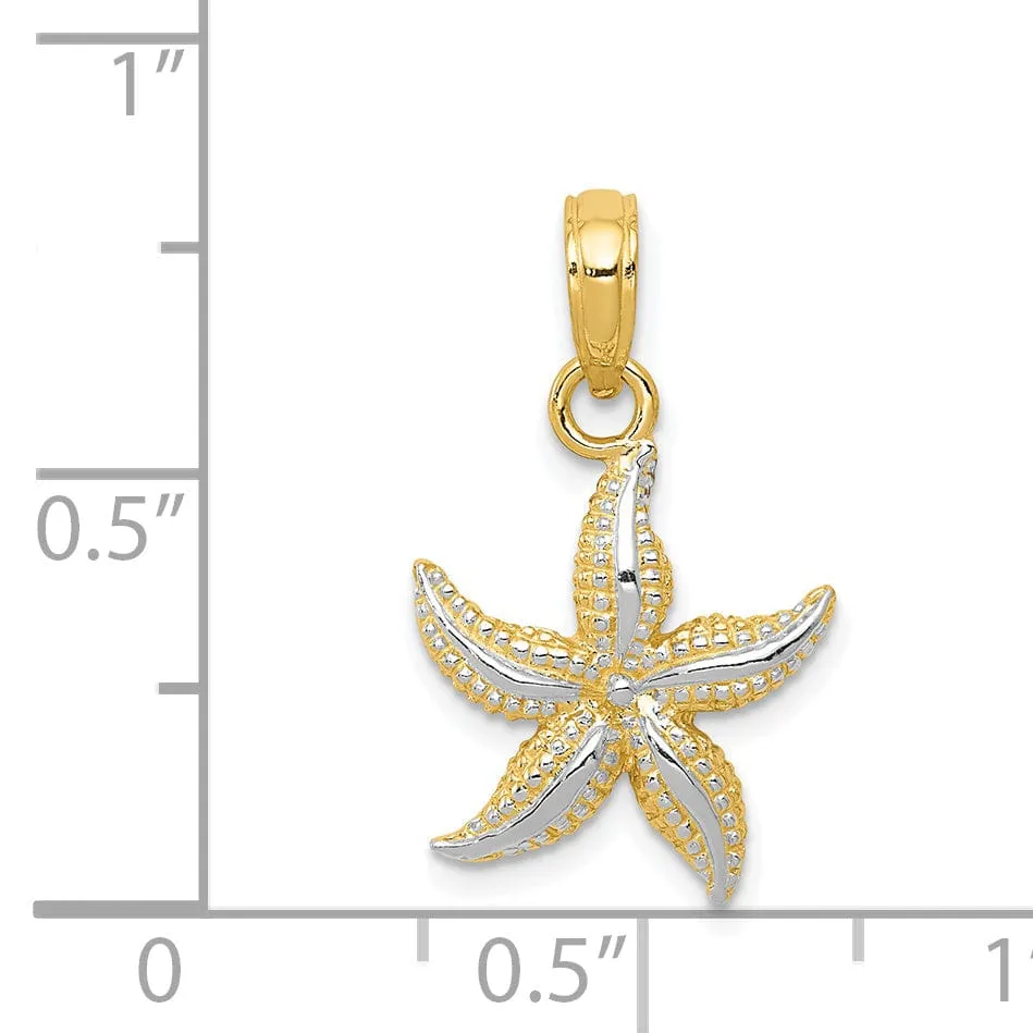 14K Yellow Gold, White Rhodium Solid Textured Polished Finish Starfish Charm Pendant