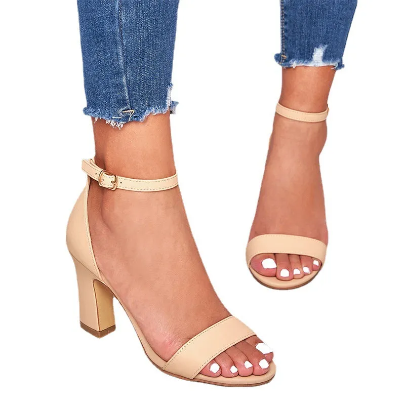 2022European and American Sandalswomen heelsOne Word Sandals with Chunky Heels Heel Wrapped Buckle Women's Shoes Foreign Trade Summer New