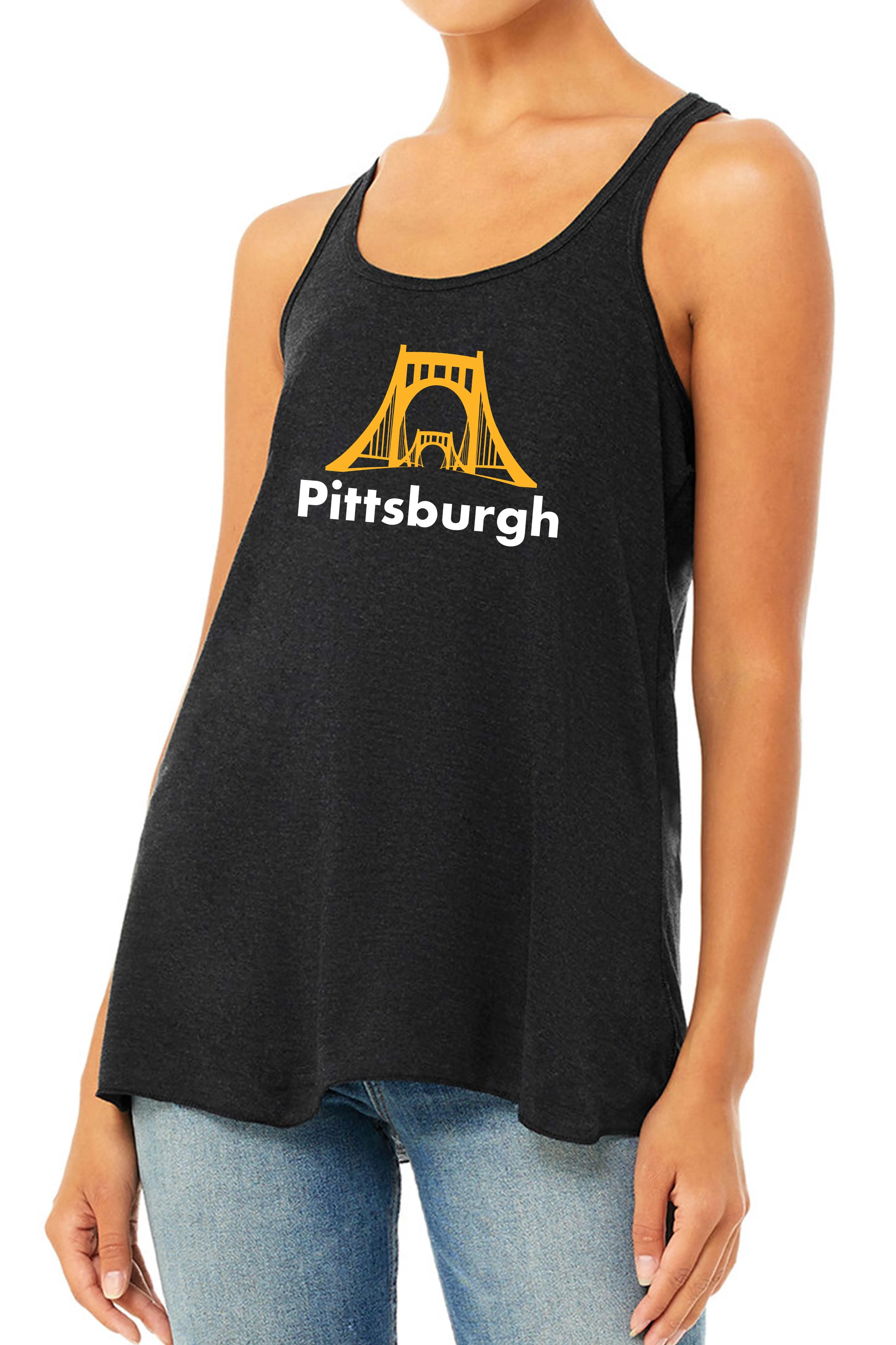 3018 - Women's Pittsburgh Bridge Gathered Back Tank - Heather Black