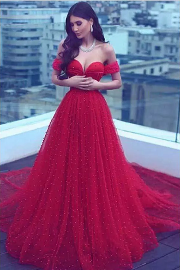A Line Sweetheart Sleeveless Beading Tulle Luxury Prom Dresses Sparkly Long Evening Dress  OHC213