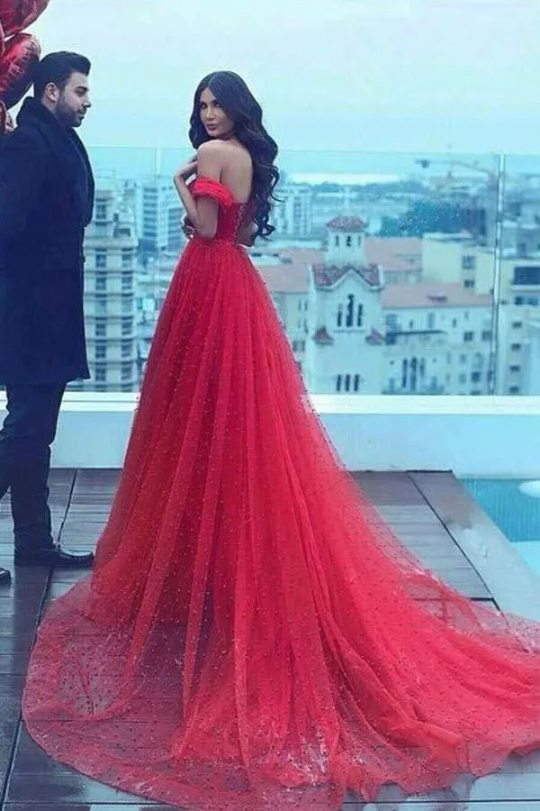 A Line Sweetheart Sleeveless Beading Tulle Luxury Prom Dresses Sparkly Long Evening Dress  OHC213