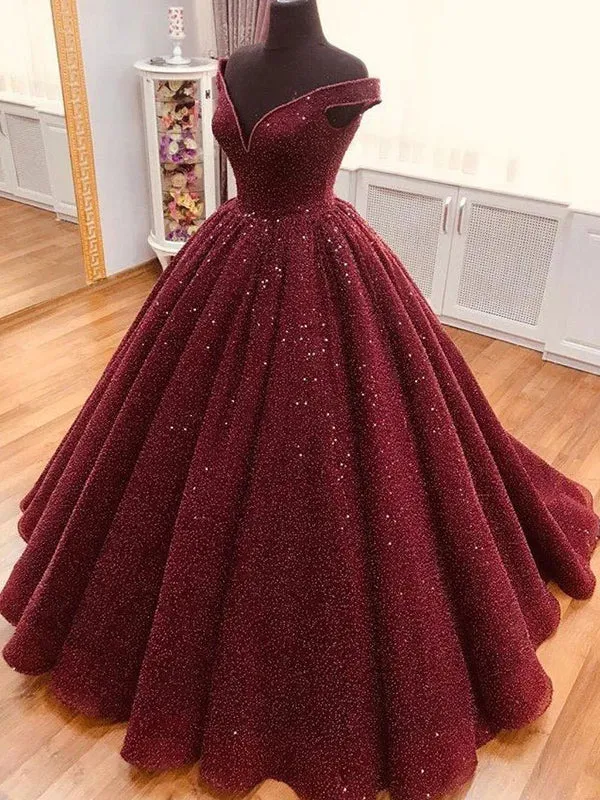 Ball Gown Cap Sleeve Sexy V Neck Burgundy Prom Dress Long Sparkly Prom Evening Dress CAP51240