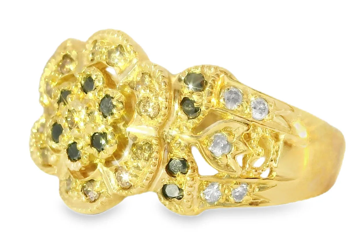 Beautiful Estate 14K Yellow Gold Filigree Black Brown Diamond Floral Band Ring