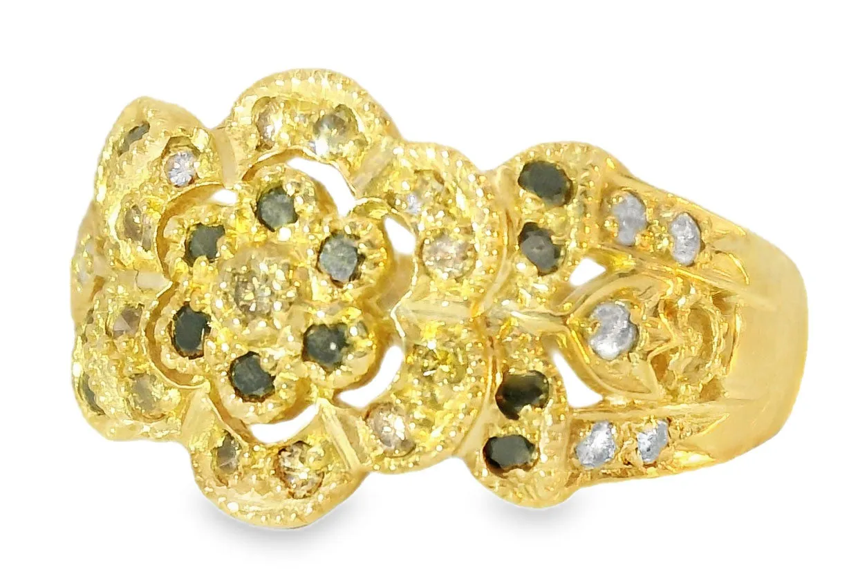 Beautiful Estate 14K Yellow Gold Filigree Black Brown Diamond Floral Band Ring