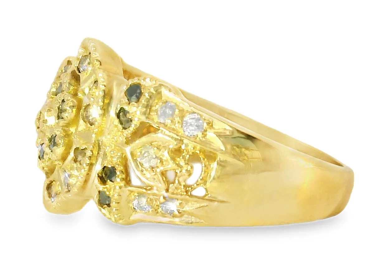 Beautiful Estate 14K Yellow Gold Filigree Black Brown Diamond Floral Band Ring