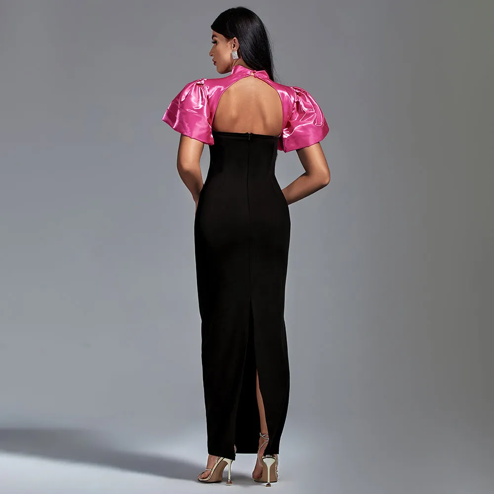 Black Crystal-embellished Two-tone Crepe Gown
