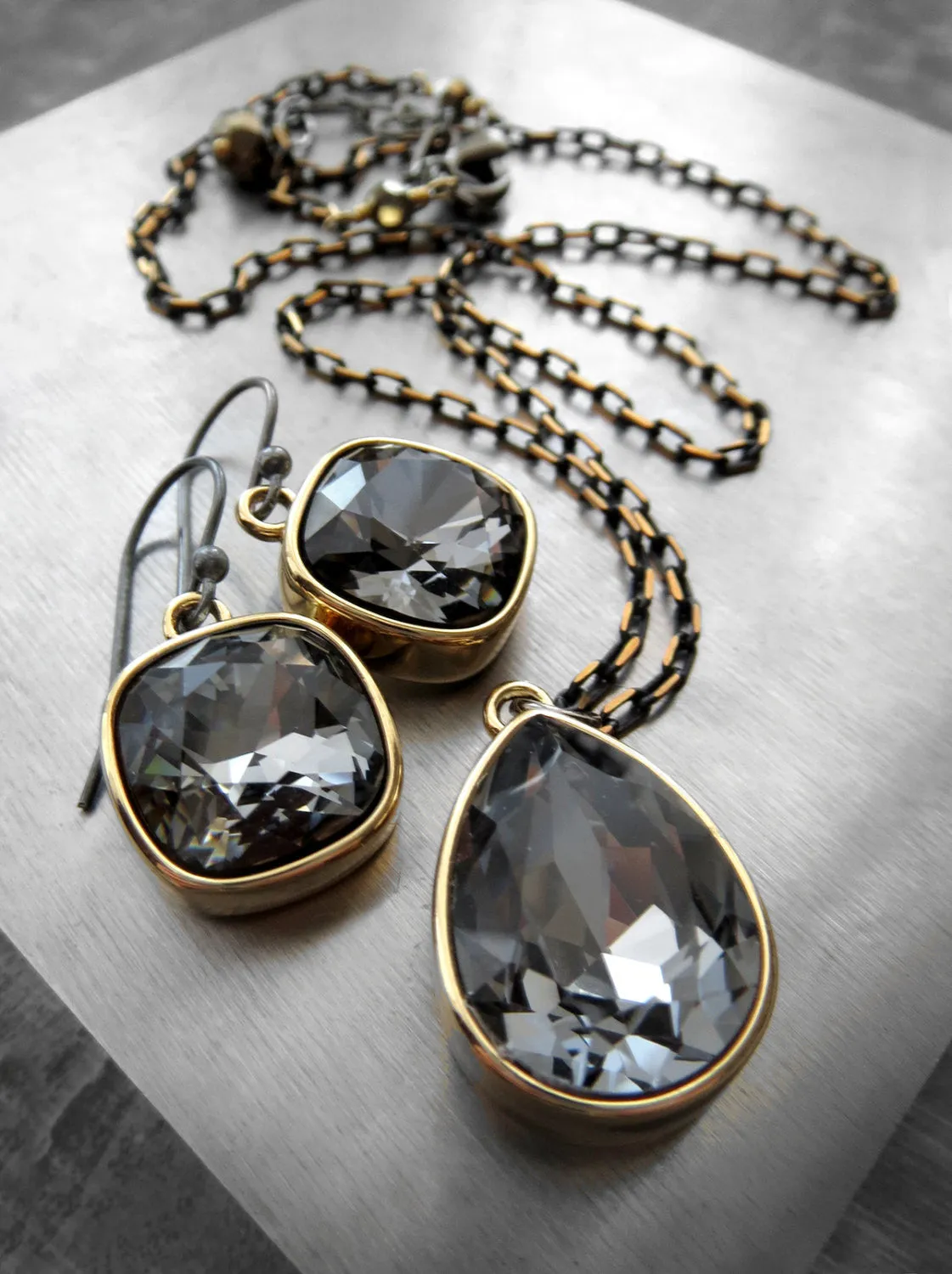 Black Night Crystal Teardrop Necklace with Gold Bezel