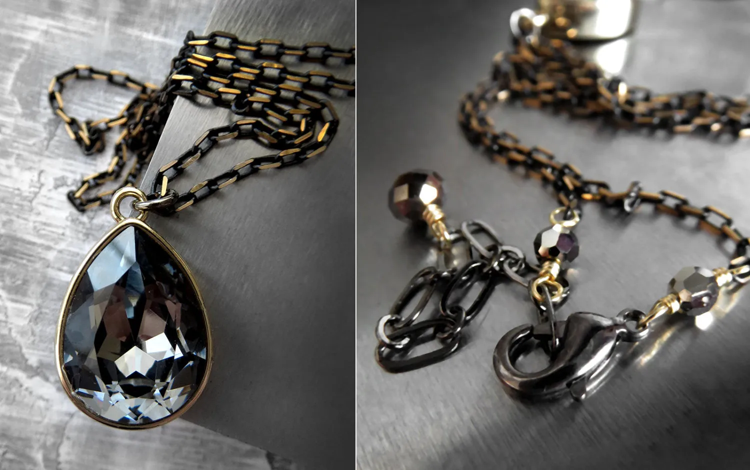 Black Night Crystal Teardrop Necklace with Gold Bezel
