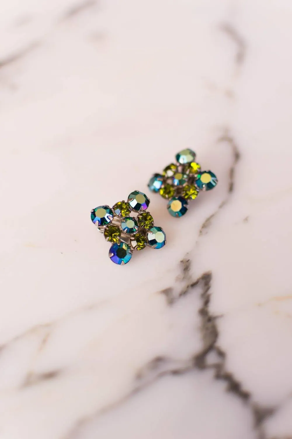 Blue and Green Aurora Borealis Rhinestone Earrings