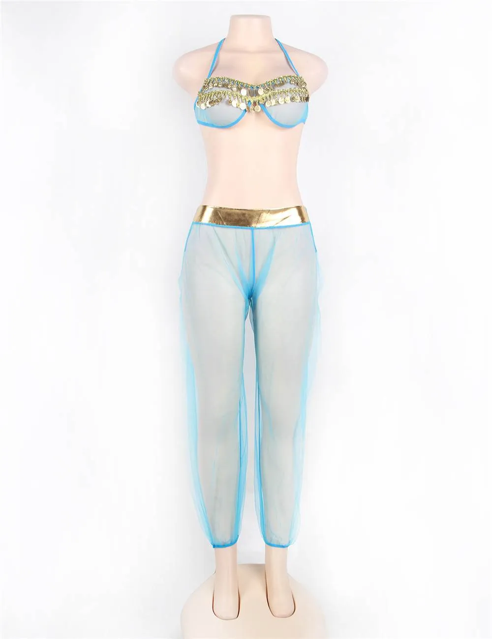 Blue India Style Sexy Bralette Lingerie Egypt Set With Golden Paillette