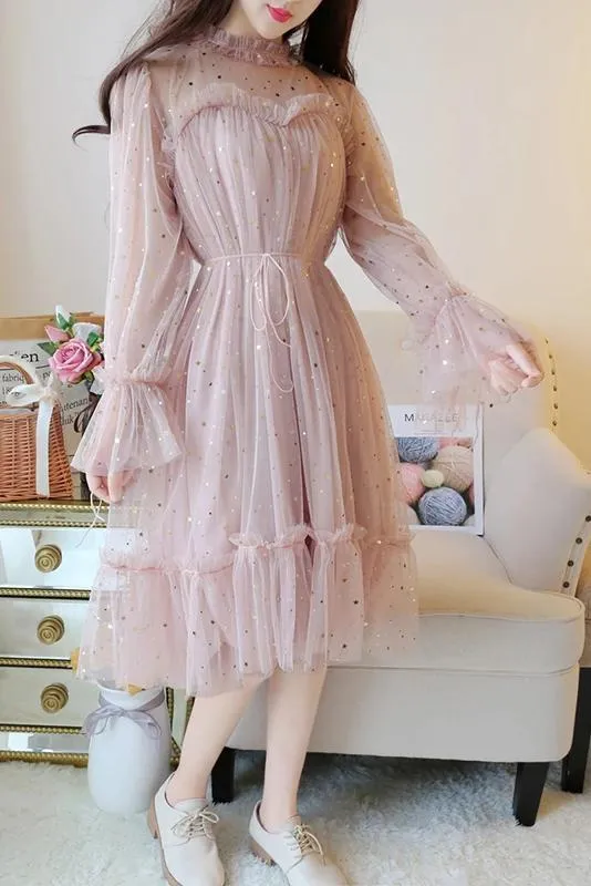 Blue Sparkly Star Long Sleeves Tulle Homecoming Dresses, Charming Short Prom Dress OHC515