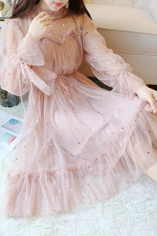 Blue Sparkly Star Long Sleeves Tulle Homecoming Dresses, Charming Short Prom Dress OHC515