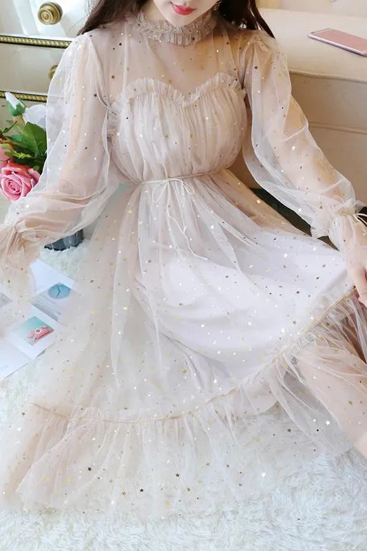 Blue Sparkly Star Long Sleeves Tulle Homecoming Dresses, Charming Short Prom Dress OHC515