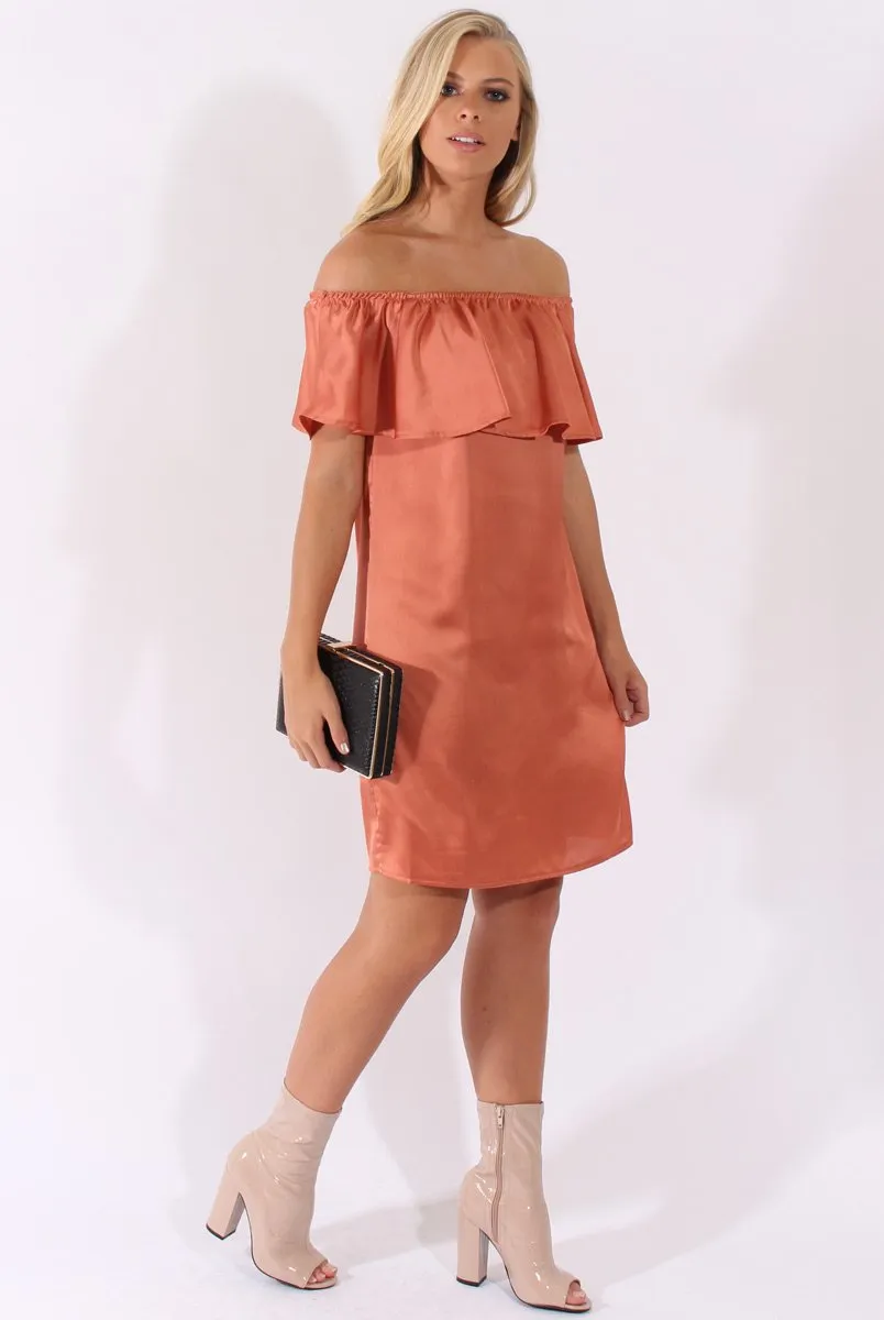 Bronze Satin Bardot Frill Dress - Alura
