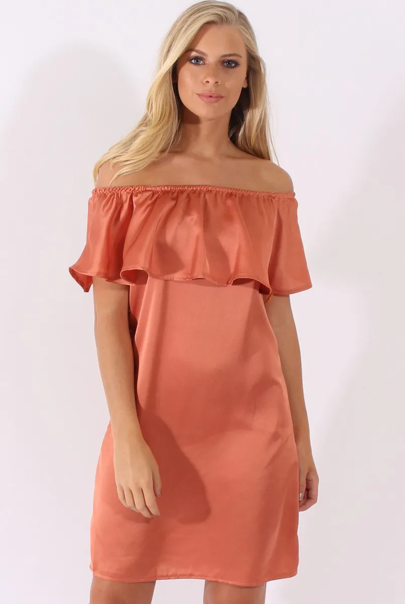 Bronze Satin Bardot Frill Dress - Alura
