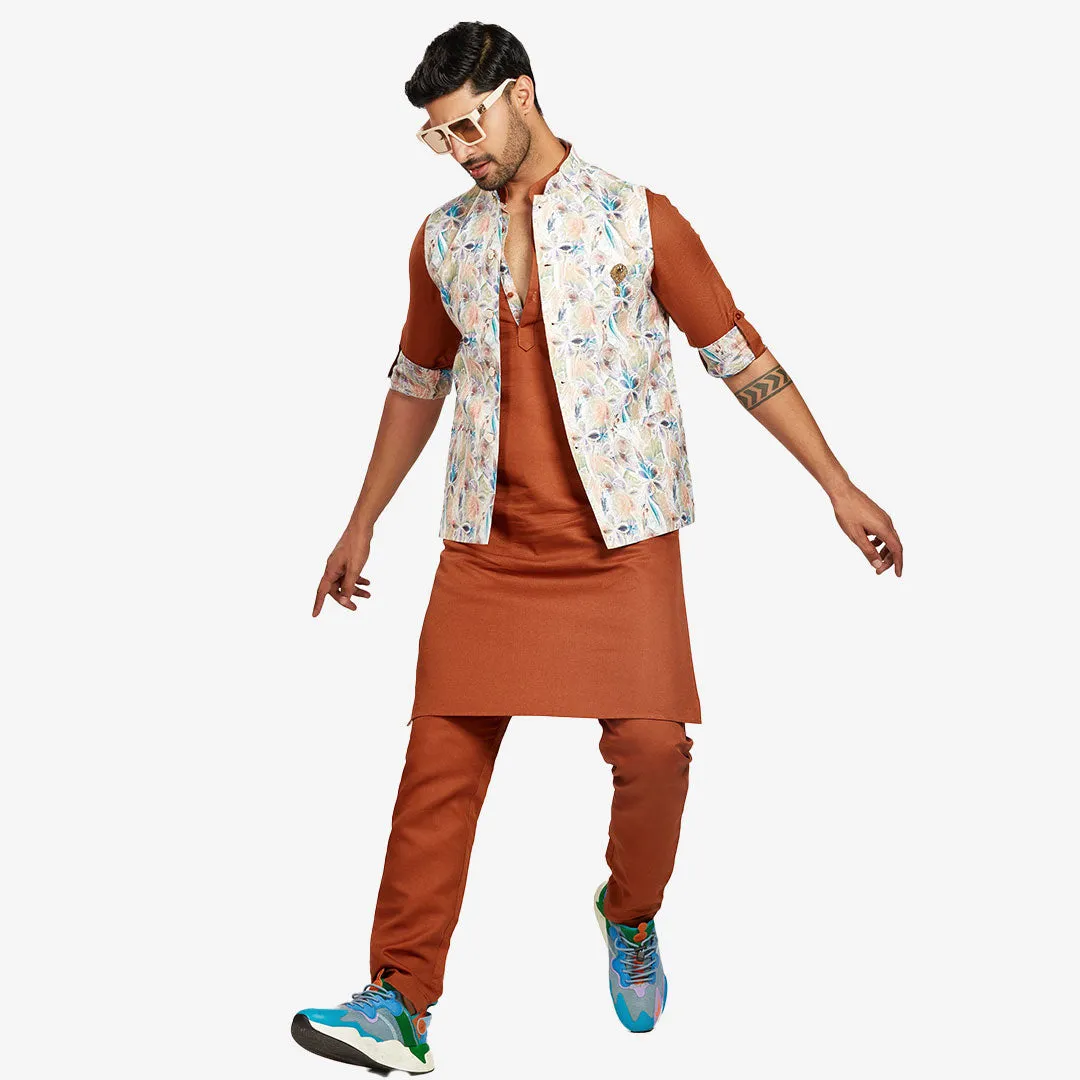 Brown Blooms Kurta with White Floral Printed Jacket for Mens