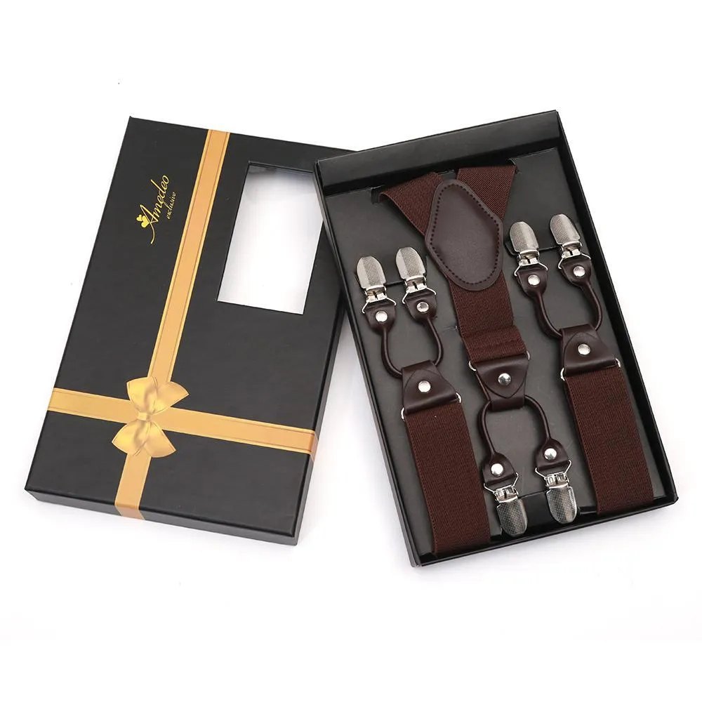 Brown Dual Clip On Elastic suspenders for Men - Adjustable Y Straps For Work Pants