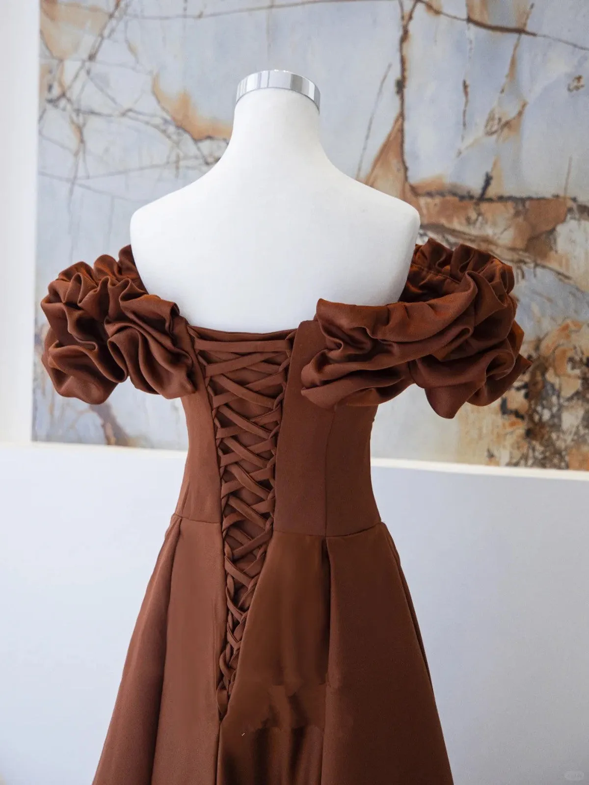 Brown Satin Off Shoulder A-line Prom Dress, Brown Satin Evening Dress Formal Dress