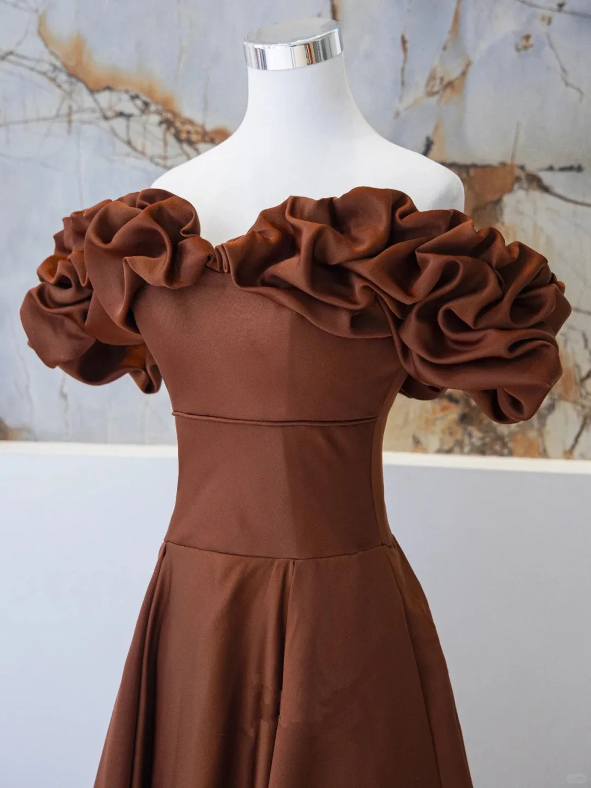Brown Satin Off Shoulder A-line Prom Dress, Brown Satin Evening Dress Formal Dress