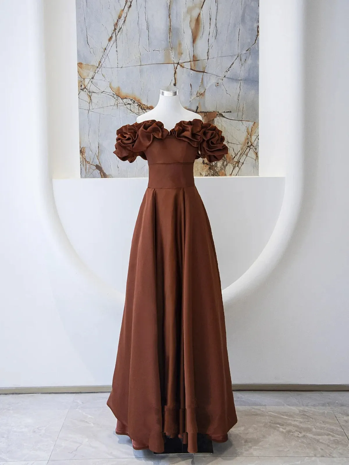 Brown Satin Off Shoulder A-line Prom Dress, Brown Satin Evening Dress Formal Dress