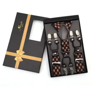 Brown Tan Check Strap Dual Clip On Elastic suspenders for Men - Adjustable Y Straps For Work Pants