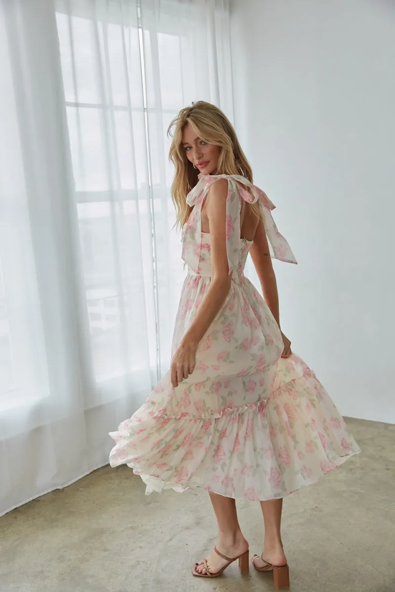 Celine Floral Tie Strap Bustier Maxi Dress