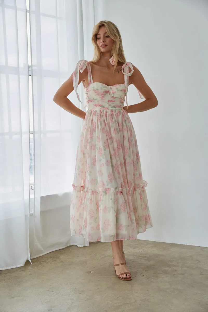 Celine Floral Tie Strap Bustier Maxi Dress