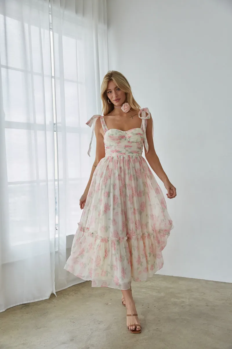 Celine Floral Tie Strap Bustier Maxi Dress
