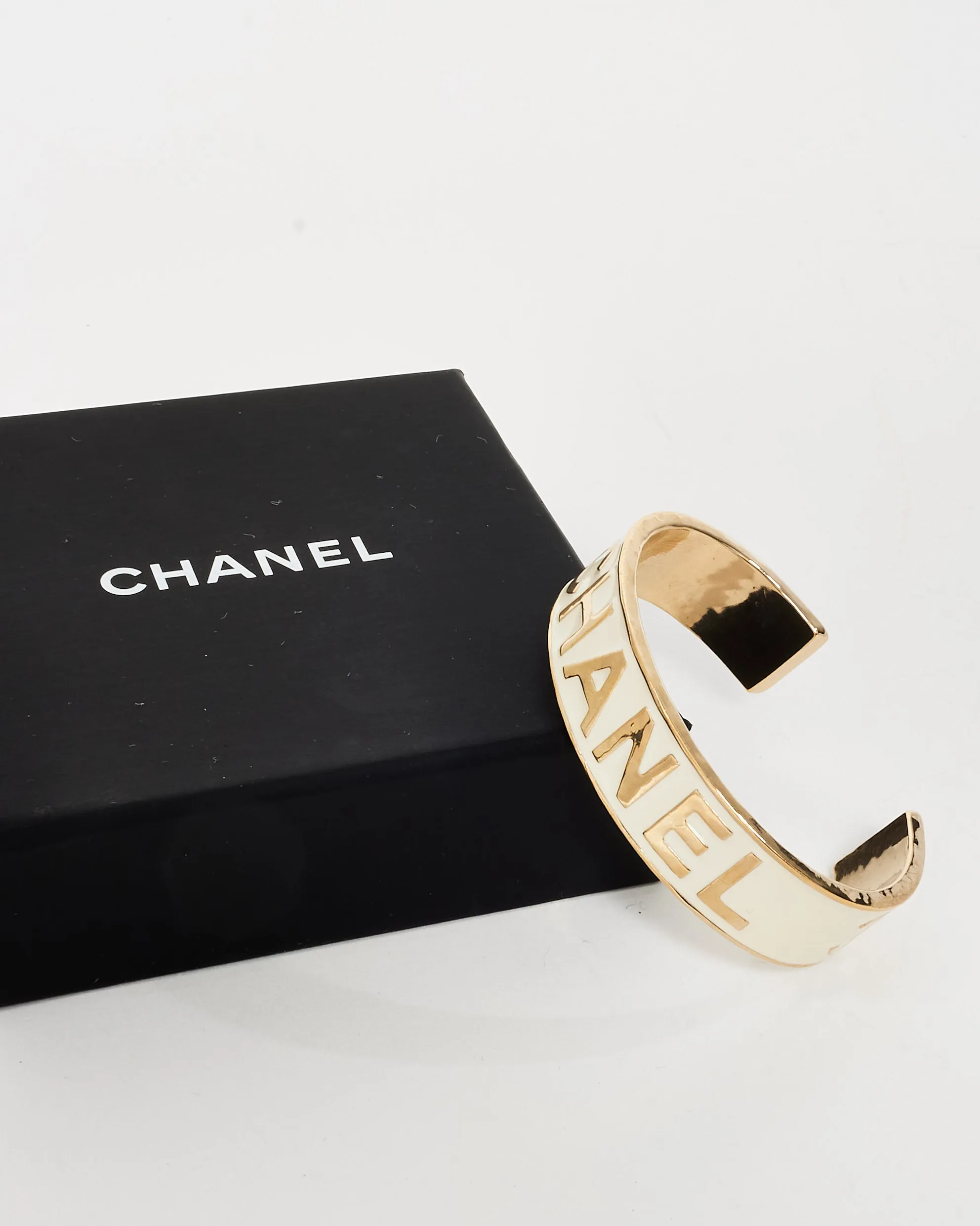 Chanel Gold & White Enamel Logo 2022 Cuff - M