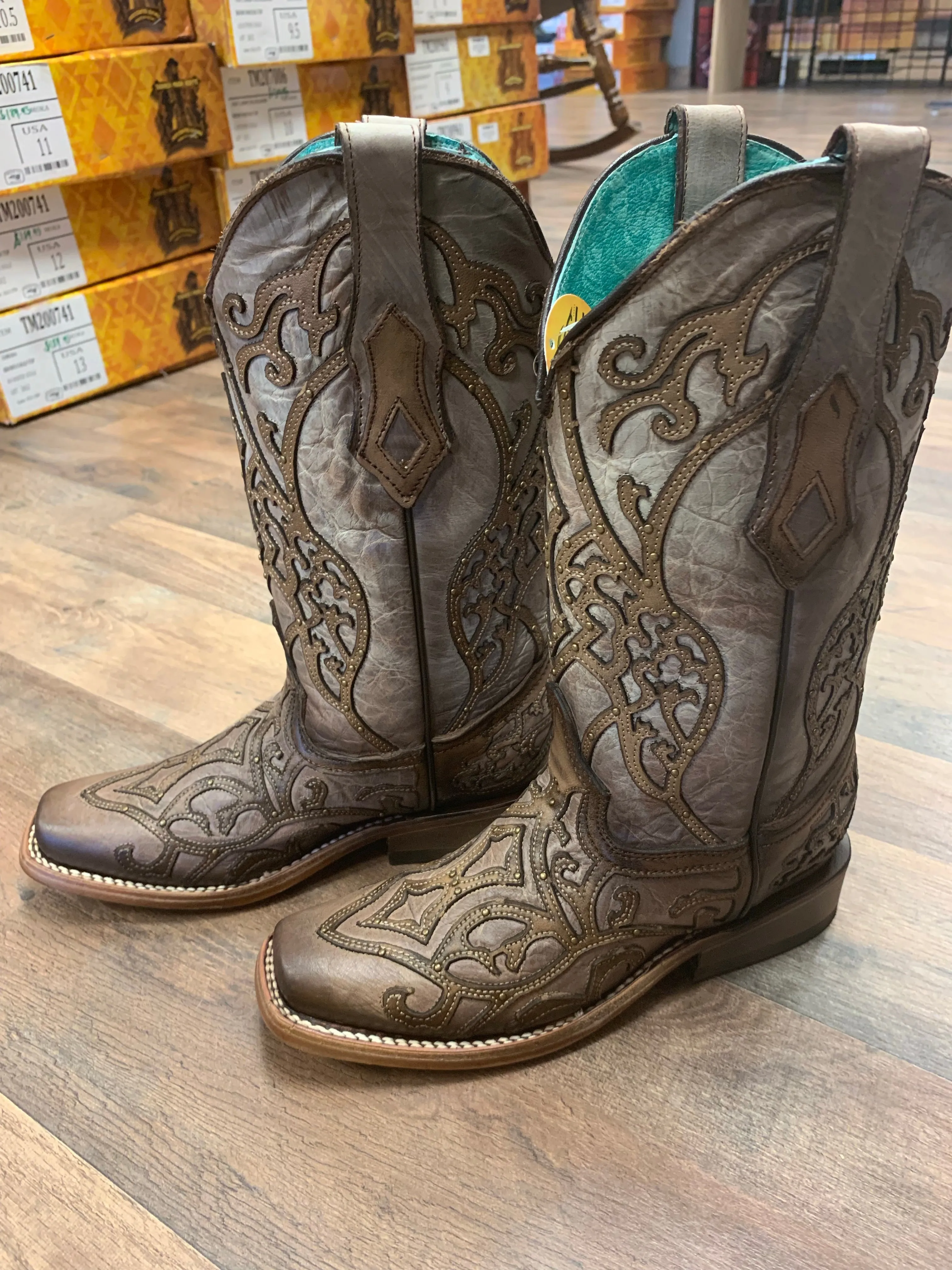 Corral Tan Overlay Embroidery Square Toe