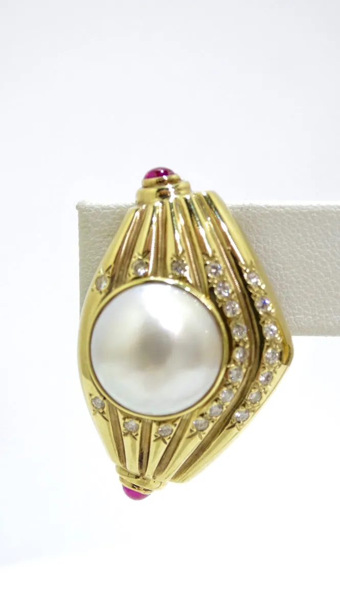 Diamond Pearl and Ruby 1980's Earrings