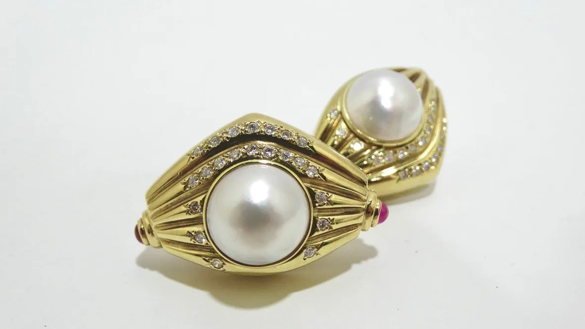 Diamond Pearl and Ruby 1980's Earrings