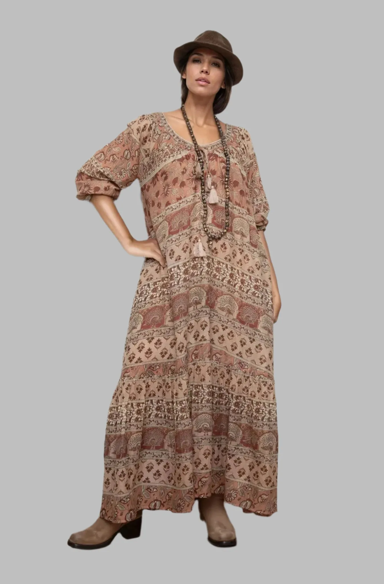 Ella Printed Maxi Dress Long Sleeves Beige