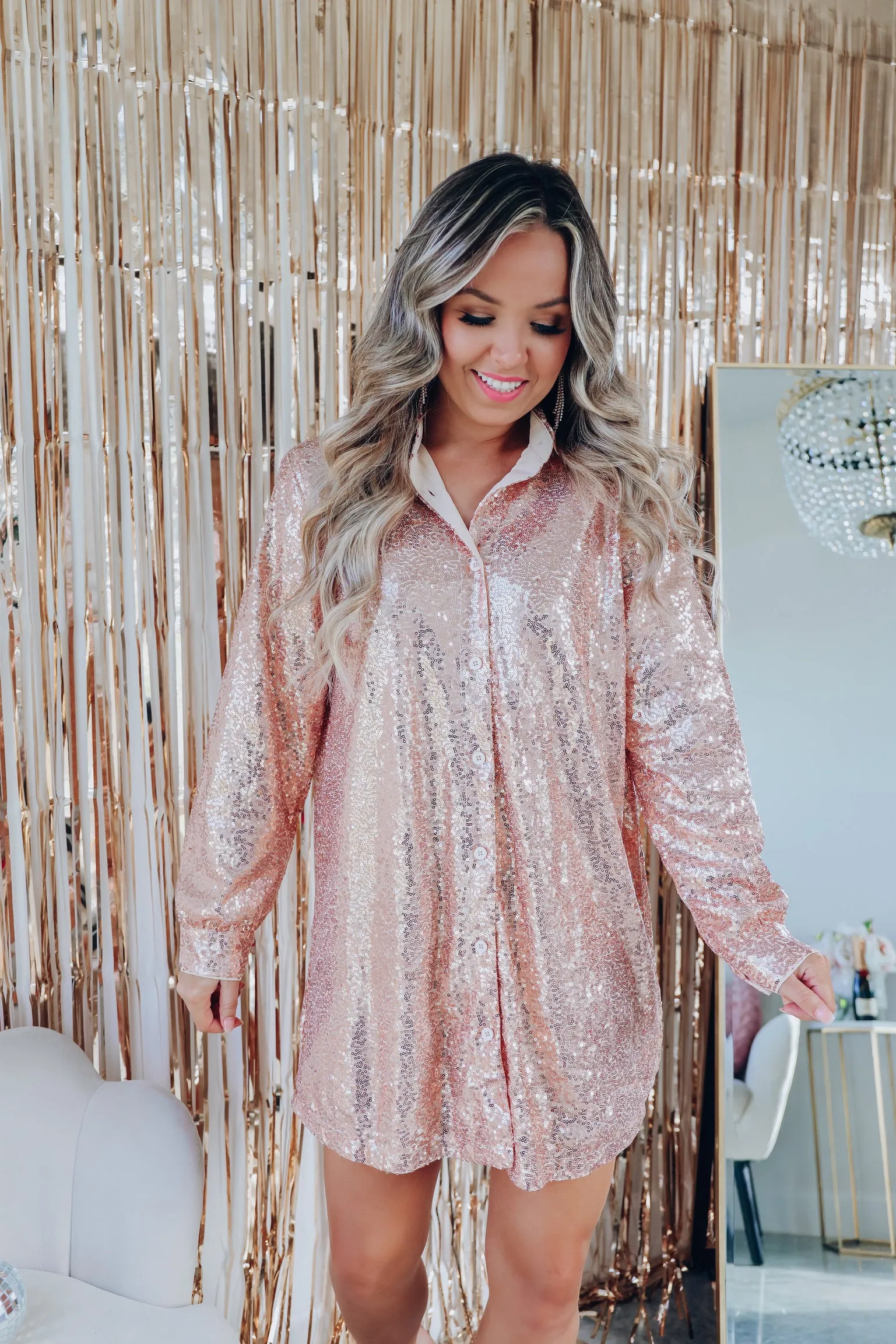 Encore Event Sequin Shirt Dress - Rose Gold
