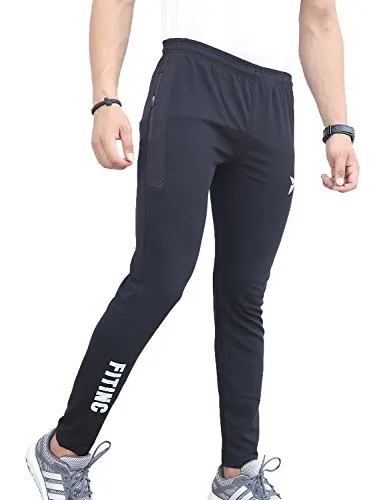 FITINC Dobby Lycra Stylish Black Trackpant for Men with Two Side Zipper Pockets – Stretchable, Comfortable & Absorbent Slim Fit Track Pants for Gym Workout and Casual Wear