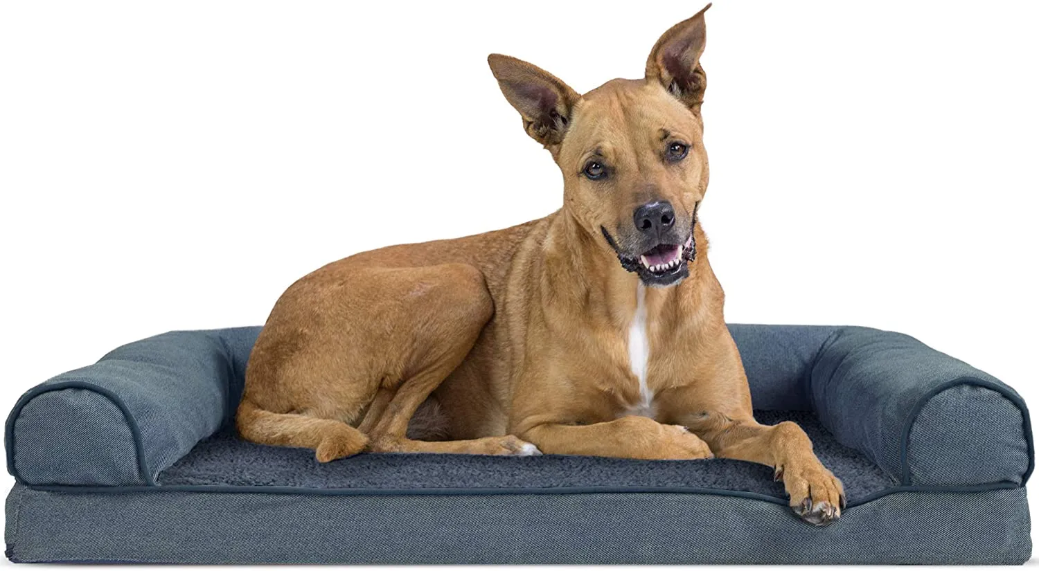 Furhaven Pet Dog Bed - Orthopedic Faux Fleece and Chenille Soft Woven Sofa Style, Orion Blue, Large-27X36! Retails $94 