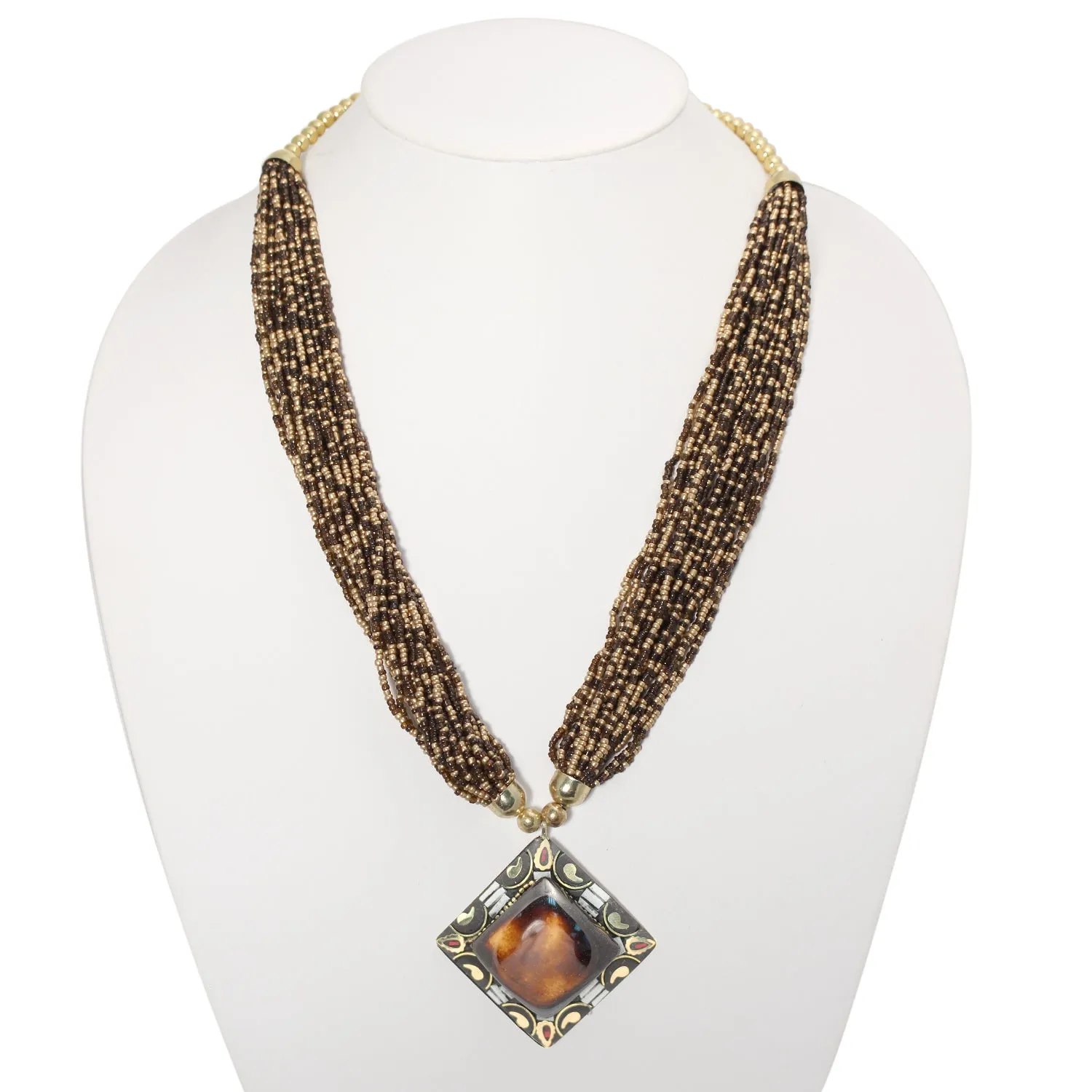 GOLD BROWN PENDANT RESIN BRASS & SEED BEAD LAYERED NECKLACE #FWNK-1811-20
