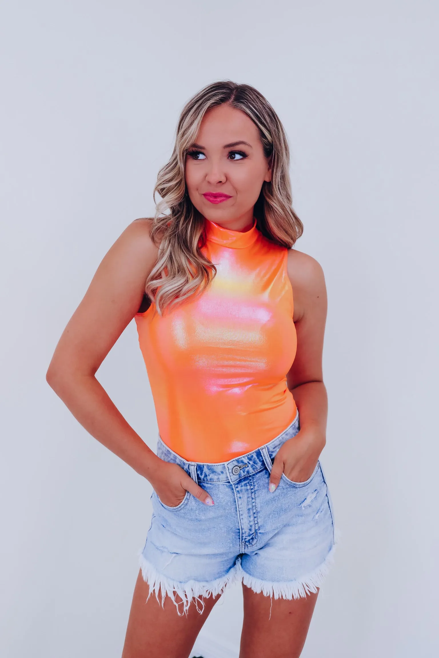 Izzy Iridescent Mock Neck Bodysuit - Orange