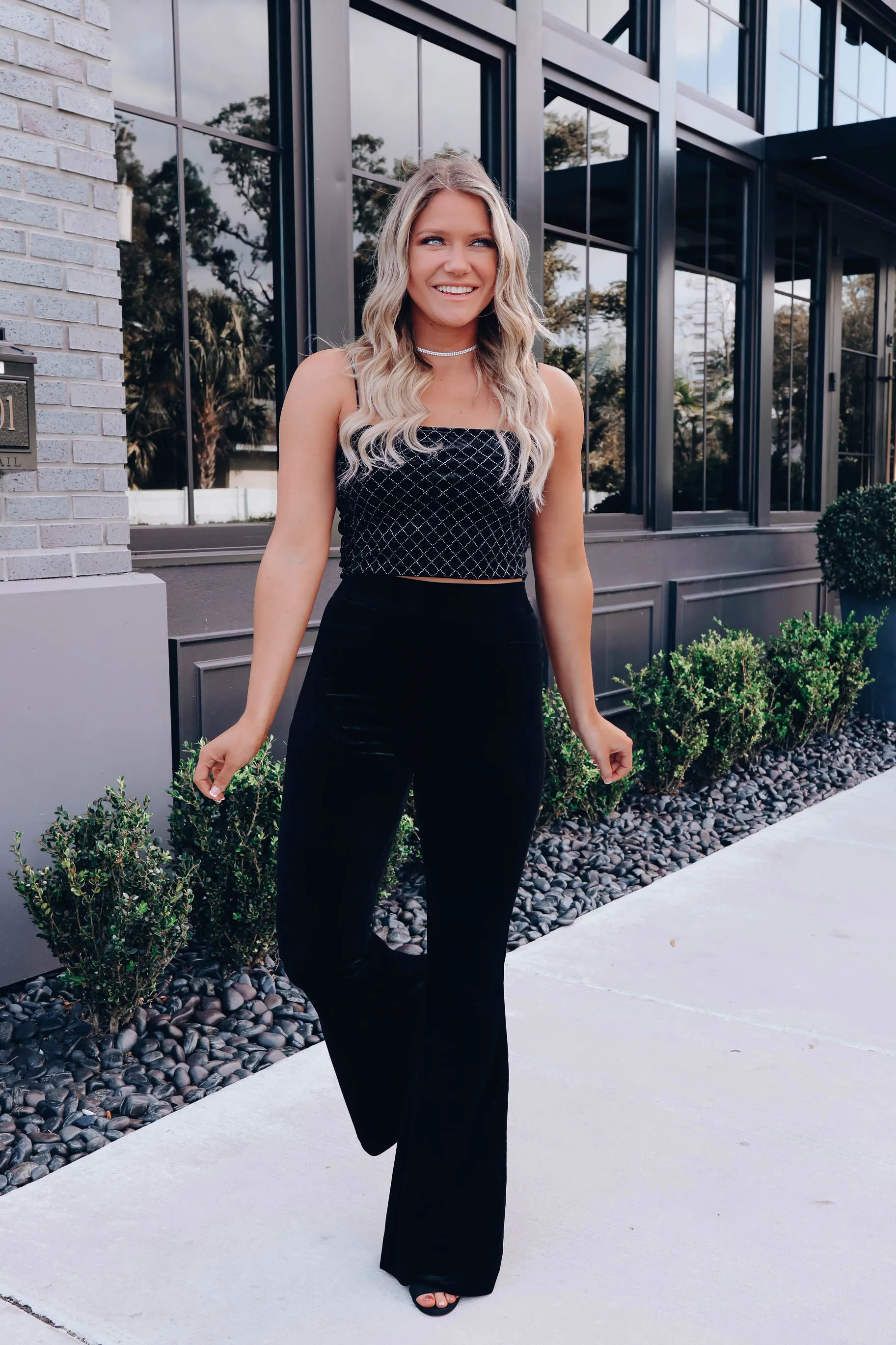 Kacey Textured Velvet Flare Pants - Black