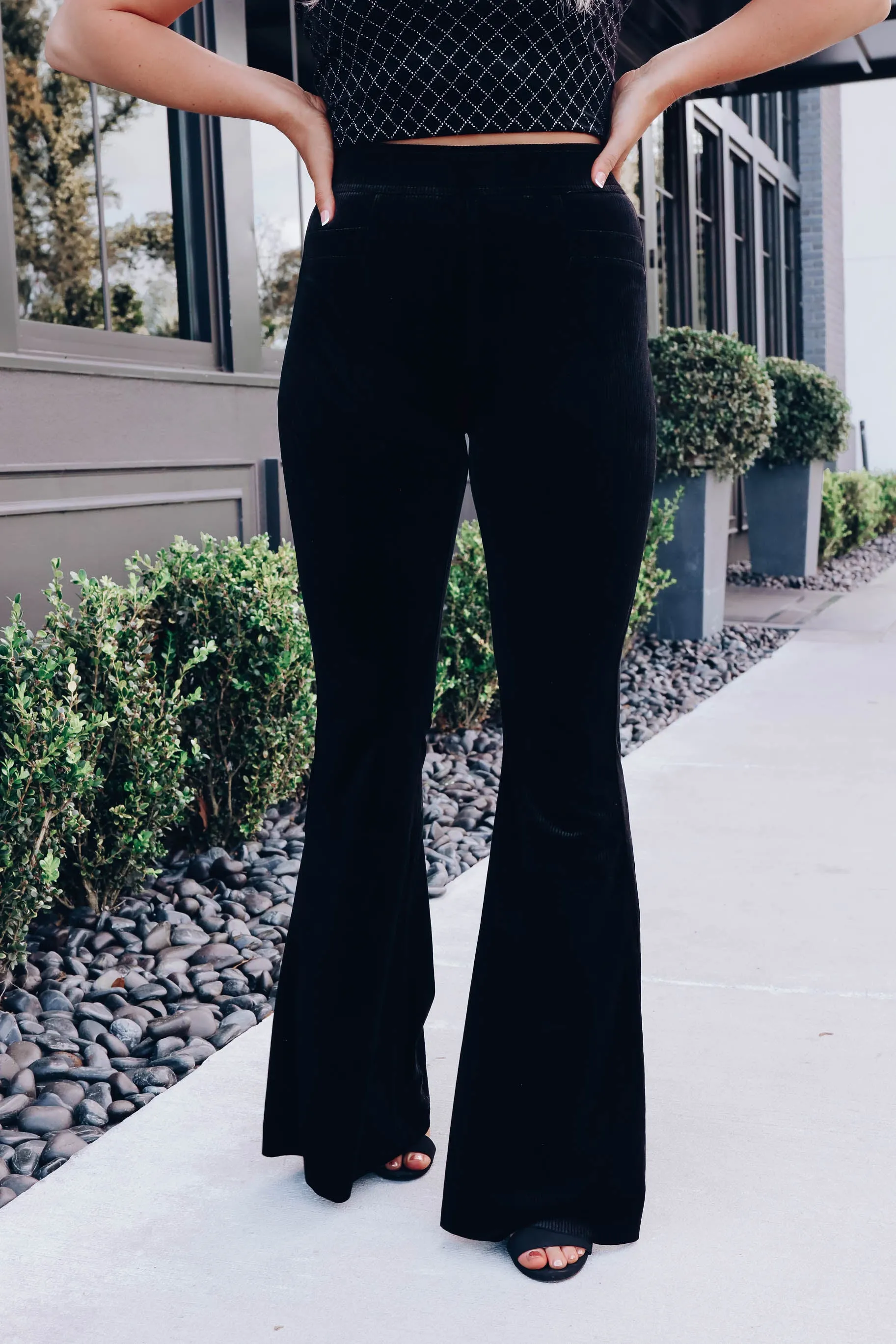 Kacey Textured Velvet Flare Pants - Black