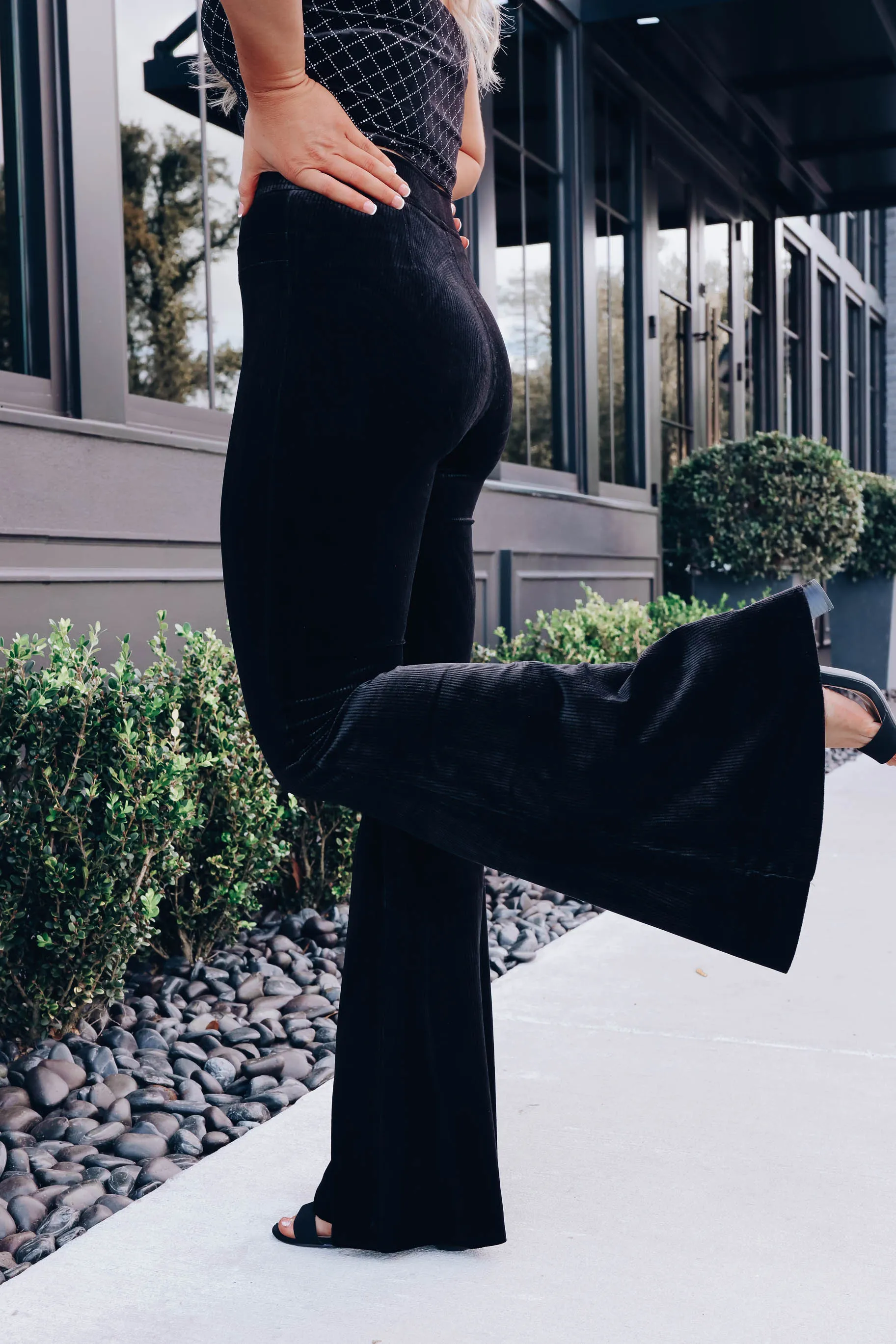 Kacey Textured Velvet Flare Pants - Black