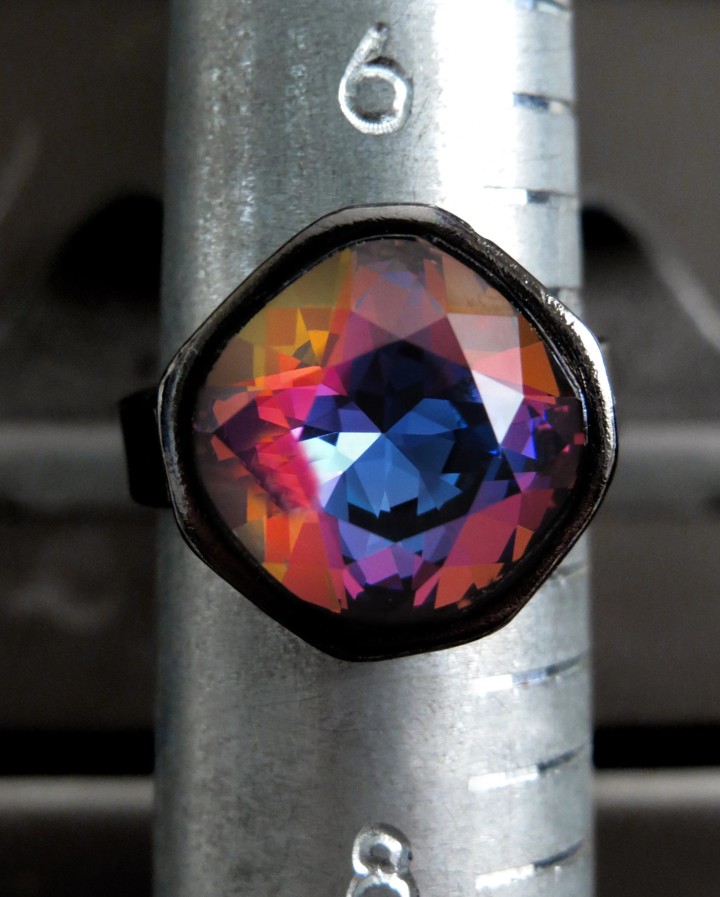 KALEIDOSCOPE - Rainbow Crystal RIng with Goth Black Vibes