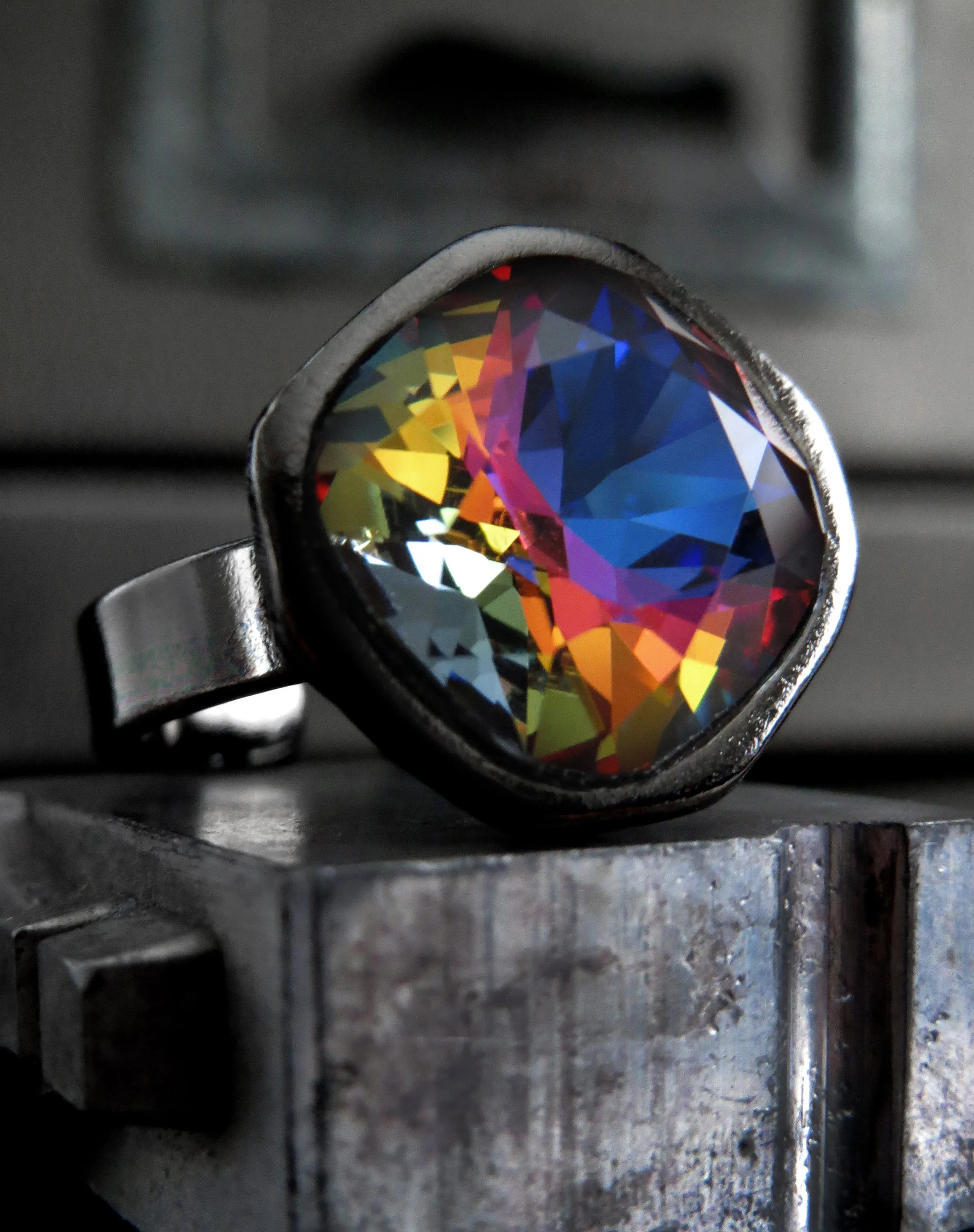 KALEIDOSCOPE - Rainbow Crystal RIng with Goth Black Vibes
