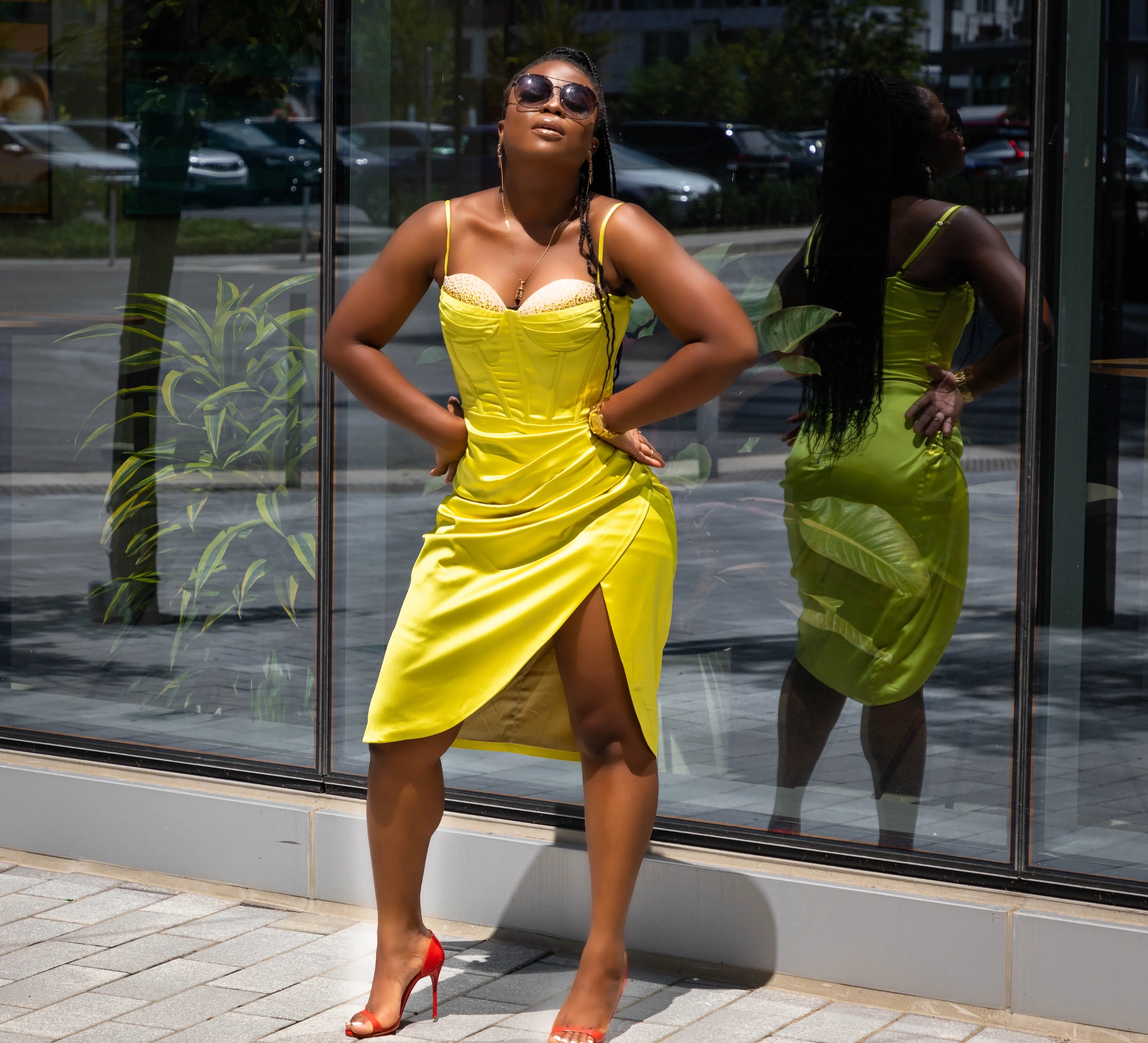 Lemon Satin Corset Dress with Crystals