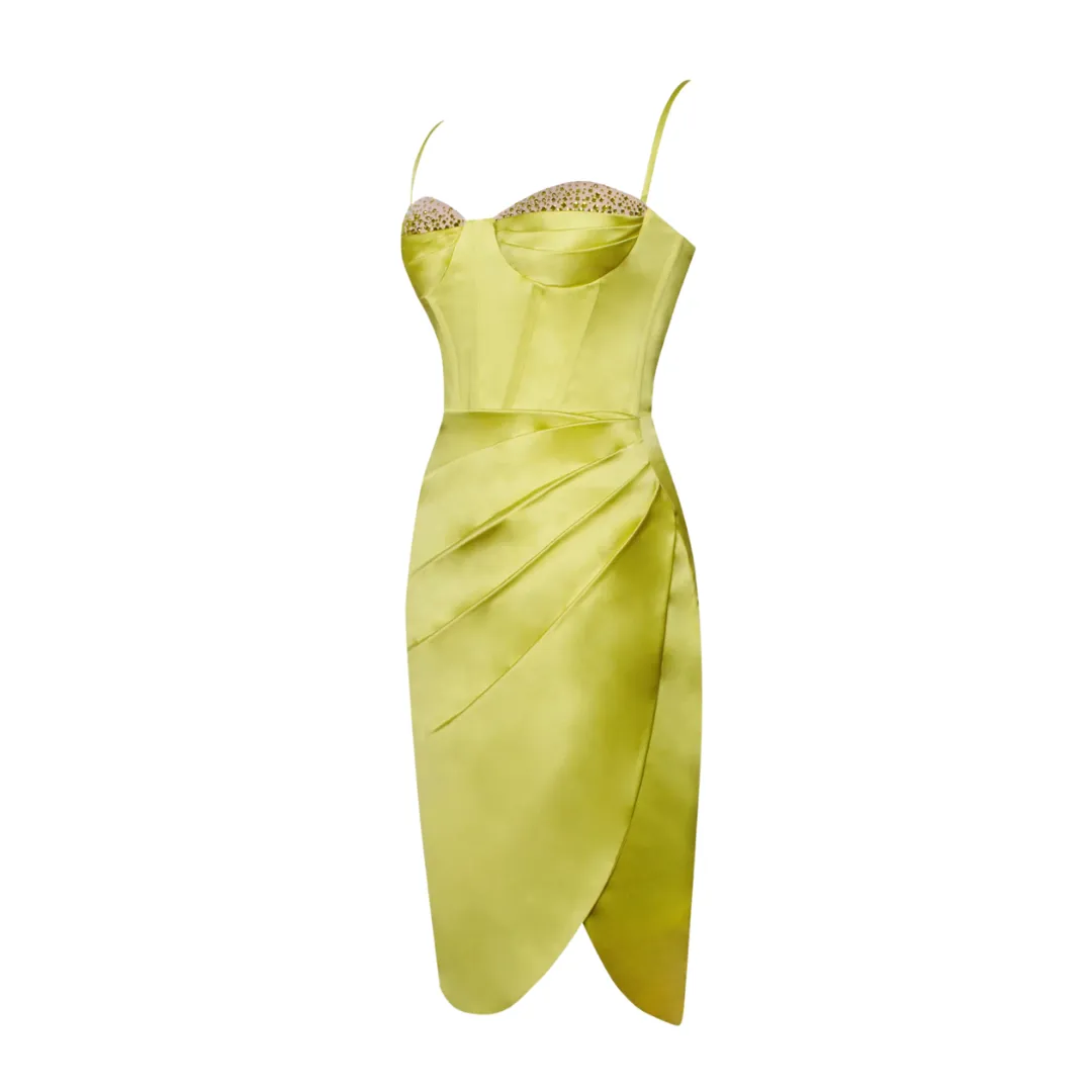 Lemon Satin Corset Dress with Crystals