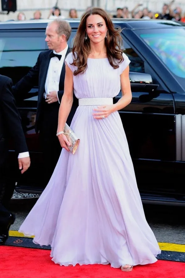 Light Purple Princess Kate Middleton Sparkly Belt Dress Pleated Prom Red Carpet Prom Dress BAFTA