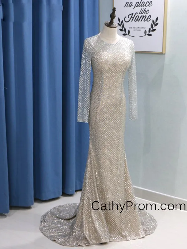 Long Sleeve Sequin Gold Sparkly Prom Dress  Mermaid Prom Dress Evening Gowns HSC5519