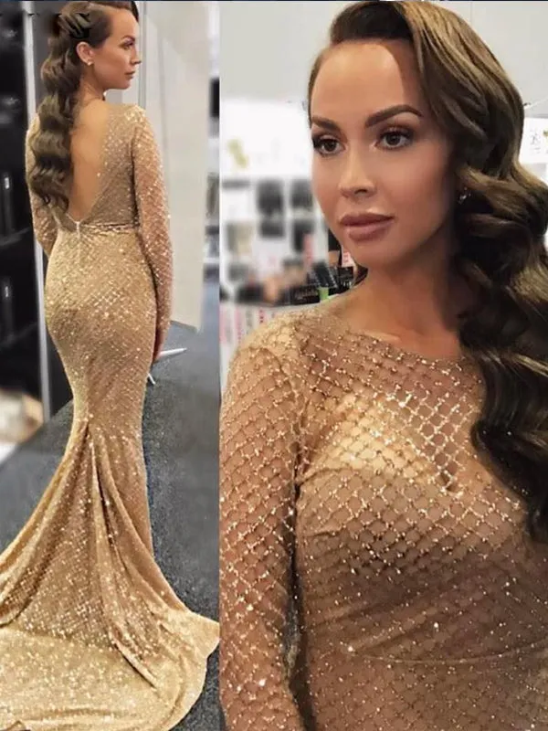 Long Sleeve Sequin Gold Sparkly Prom Dress  Mermaid Prom Dress Evening Gowns HSC5519
